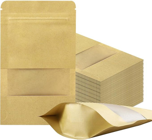 100 PCS Resealable Bags, Stand Up Kraft Paper Bags with Matte Window, Zipper Lock Food Storage Bags for Small Business and Home, 3.5 * 5.5 Inches Reusable Sealable Bags for Packaging
