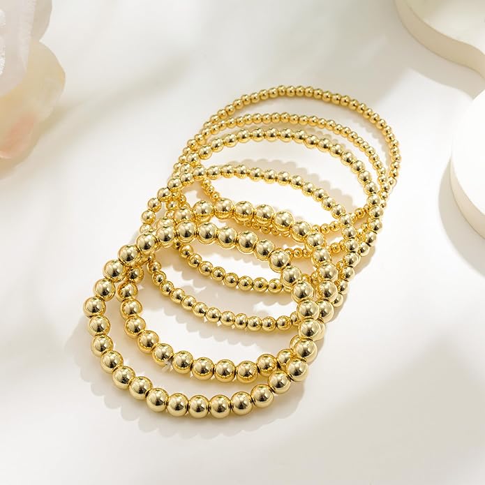 Gold Bracelets for Women, 14K Gold Plated Beaded Bracelets Gold Strand Bead Ball Bracelet Stack Set Adjustable Bracelet Set Waterproof Jewelry for Women Gifts Non Tarnish