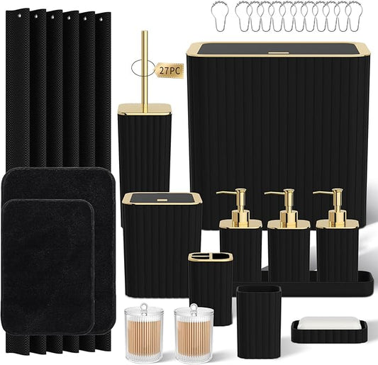 Bathroom Accessory Set - Bathroom Set, 27PC Bathroom Accessories Set, Black Bathroom Sets with Shower Curtain and Rugs, Mini Trash Can, Toilet Brush, Trash Can & Soap Dispenser