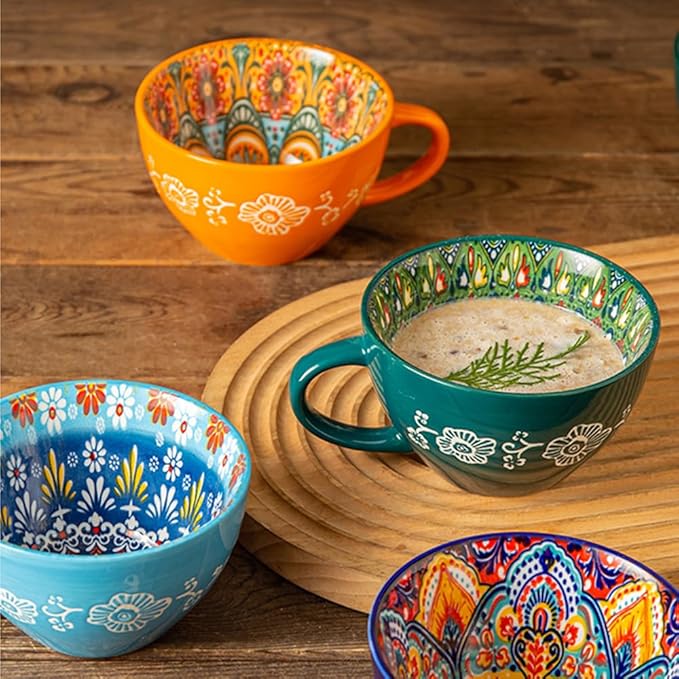 Bohemian Hand-Painted Ceramic Mug, 15 Oz Large Coffee Cup for Milk, Tea, and Breakfast, Dishwasher & Microwave Safe Artisan Cup, Orange