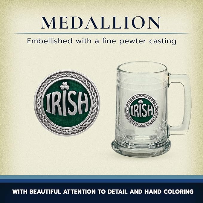 Heritage Pewter Irish Beer Stein Glass | 15 Ounce German-Style Beer Glass | Intricately Crafted Metal Pewter Alma Mater Inlay