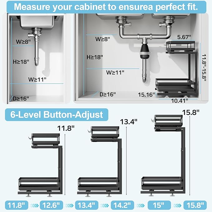Under Sink Organizer, JCYLQ Dual-Rail Ball-Bearing, Under Kitchen Sink Organizer, 6-Level Adjustable, Under Cabinet Storage, No-Drill Adhesive/Suction, Under Sink Organizers and Storage (1-Pack)