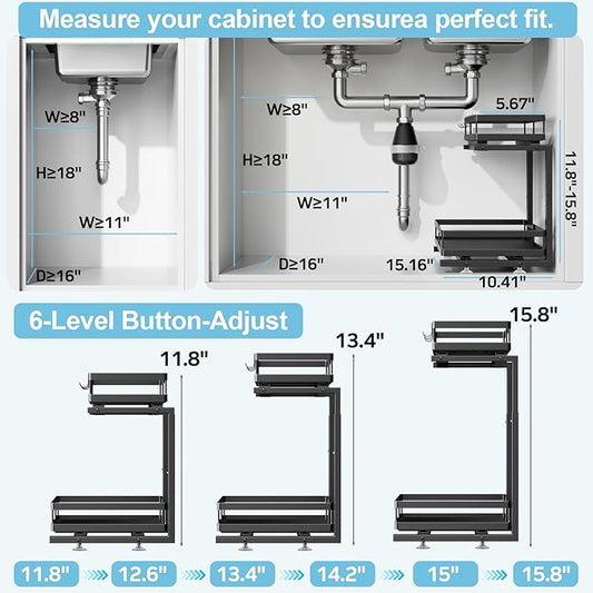 Under Sink Organizer, JCYLQ Dual-Rail Ball-Bearing, Under Kitchen Sink Organizer, 6-Level Adjustable, Under Cabinet Storage, No-Drill Adhesive/Suction, Under Sink Organizers and Storage (1-Pack)