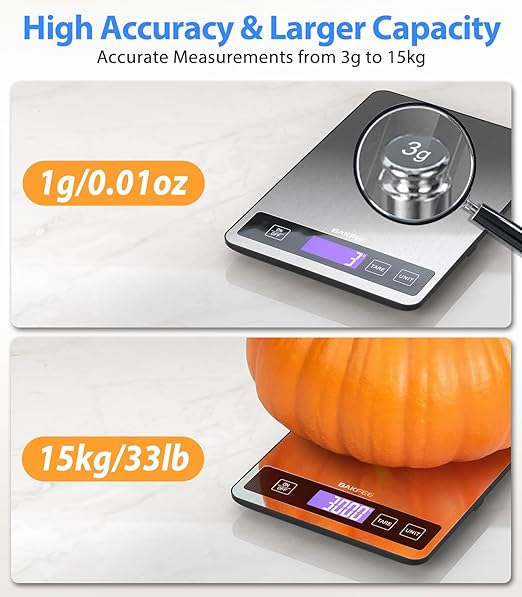 Food Scale - 15kg/33lb Rechargeable Digital Kitchen Scale with Full-View LCD Display, Grams and Ounces, Type-C or Batteries (Not Inc.), Easy Clean Stainless Steel, for Baking, Cooking, Grey