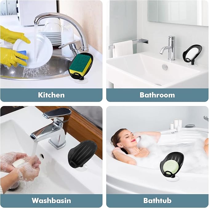 NPET Not Punched Self Draining Plastic Soap Dish Holder with Enlarged Suction Cup,Portable Soap Tray for Bathroom Shower, Kitchen Sink, Save Space and Soap (2, 2 Black)