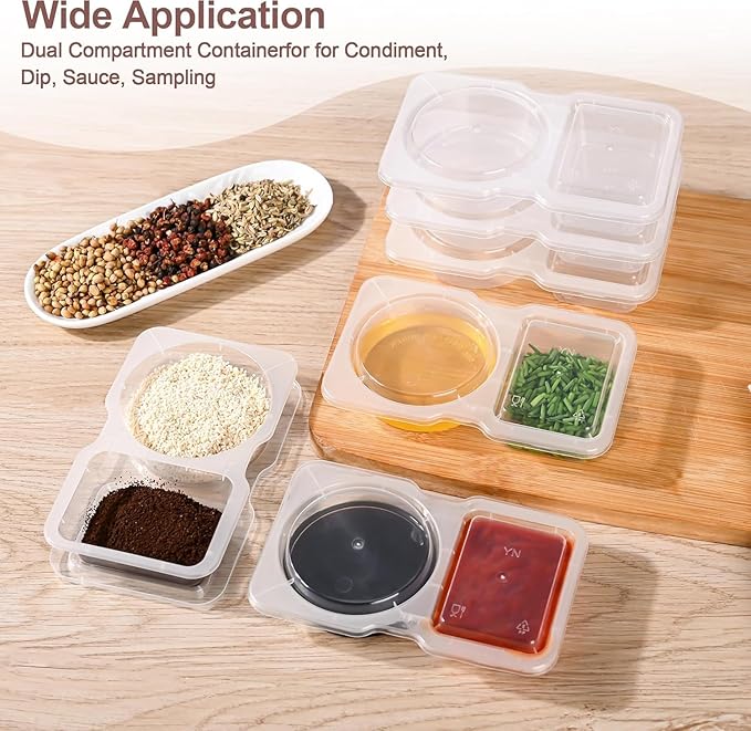 Double Compartment Condiment Containers Food Storage Meal Prepsauce Containers With Lid Reusable Freezer Safe Microwavable for Food Take-Out And Delivery(10pc)