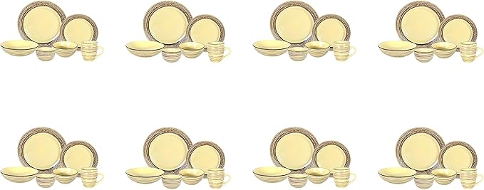 48 Piece Dinnerware Set, Ceramic Plates and Bowls Sets for 8, Microwave and Dishwasher Safe, Handcrafted Tree Bark Series Dish Set, Bamboo