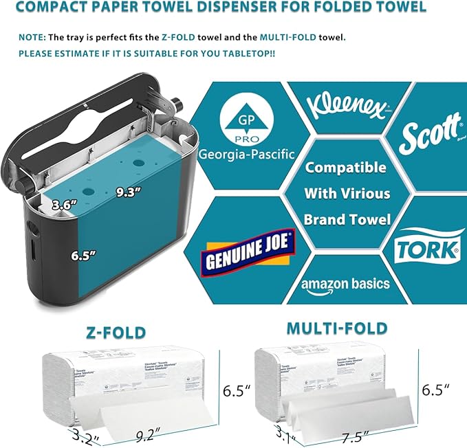 Multifold Paper Towel Dispenser Countertop - Compact Folded Paper Towel Holder for Kitchen/Bathroom, Black Space-Saving Design, Compatible with Marathon Folded Paper Towel