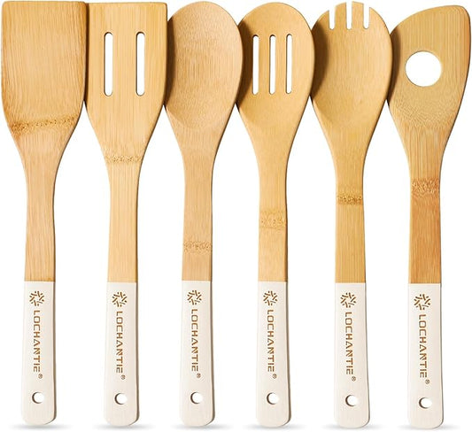 Bamboo Kitchen Utensils wooden spoons for cooking - 6 pcs White Spatulas and spoons