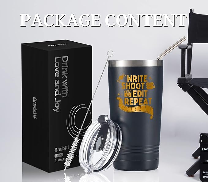 Onebttl Aspiring Filmmakers Gift, Director Gift, Theater Gifts on Filmmaker Day, Birthday and Christmas, 20 oz Insulated Stainless Steel Tumbler - Write shoot edit repeat
