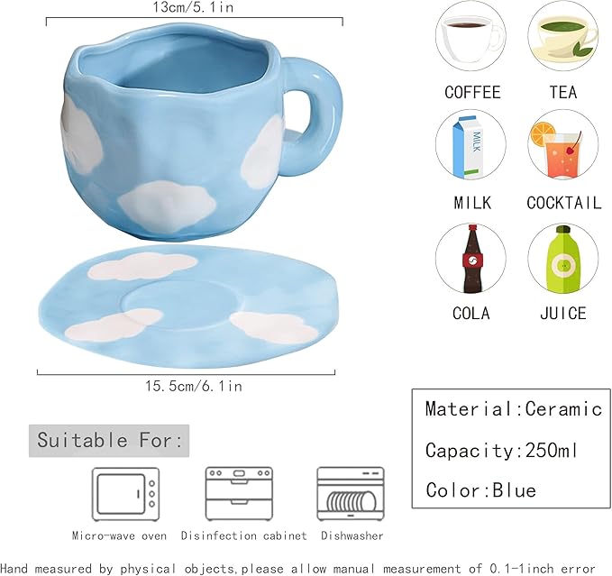 Coffee Mugs Set with Saucer Cute Cloud In The Sky Cup Gifts for Women for Birthday Tea Coffee Mug 250 ML Ceramic Cup Birthday Gift for Women Girls Mom Friend Coffee Mug aucer Set