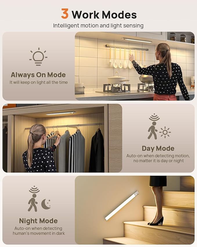16in Under Cabinet Lighting with Remote, 160 LED Motion Sensor Light Indoor, 4000mAh USB Rechargeable Closet Lights Wireless, 3 Color Temps Under Counter Lights for Kitchen, Pantry, Stair, 3 Pack