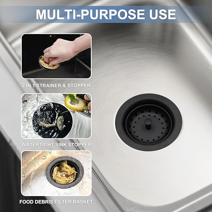 ZM Kitchen Sink Stainless Steel Deep Locking Basket Strainer with Drain Assembly,Black, 3-1/2 Inch Sink Drain Stopper Plug