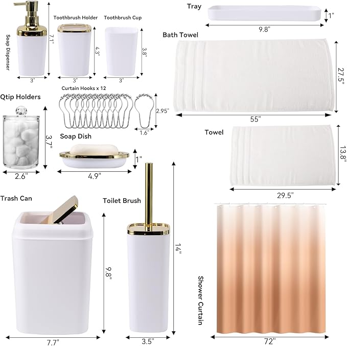 White Bathroom Accessories, 24 Pieces White Bathroom Accessories Set with Shower Curtain, Bath Towels, Trash Can, Soap Dispenser and Soap Dish for Bathroom/Housewarming