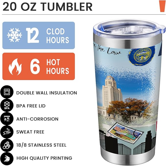 20oz Insulated Tumbler Nebraska State Coffee Mug, United States Map Travel Mug Landmark, Birthday Gifts Cute Custom Tumbler Cups with Lid and Straw Gifts for Mom
