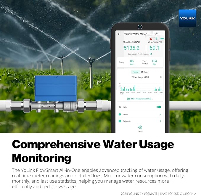 NSF Certified YoLink FlowSmart All-in-One Smart Water Meter & Auto Shutoff for 1'' Pipes, LoRa Long-Range, Real-Time Leak Detection, 10-Year Battery, 80+ Device Ecosystem, Hub Required – YS5018