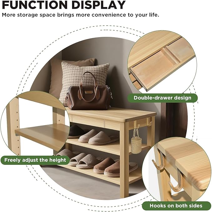 Shoe Storage Bench Wood Entryway: Shoe Rack Bench with Drawer 3-Tiers Height Adjustable,Rustic Wooden Organizer for Front Door Entrance Hallway Living Room,Mudrooms (Natural 2-Tiers, 39.3")