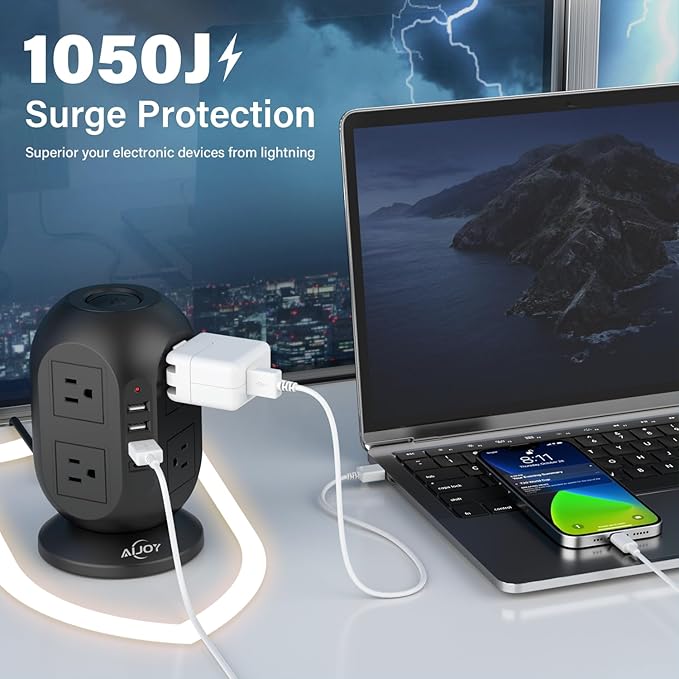 AiJoy Surge Protector Power Strip Tower with 8 Outlets 4 USB Ports(1 USB-C), 10 FT Flat Extension Cord with Multiple Outlets, Charging Tower with Surge Protection for Home Office Dorm Room Essentials