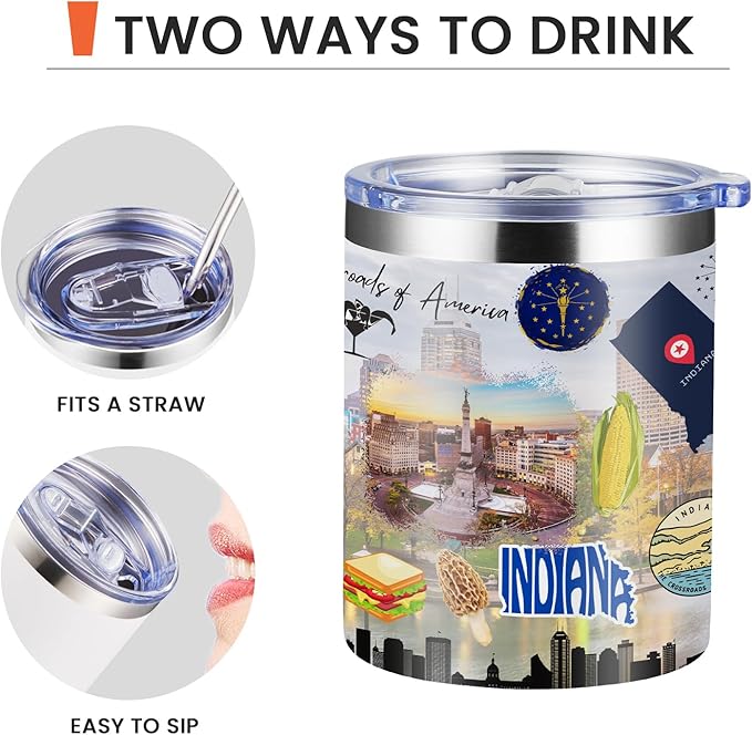 12oz Coffee Mug Indiana State Insulated Coffee Cups, United States Map Travel Mug Landmark, Birthday Gifts Cute Mugs with Lid and Straw Mothers Day Gifts