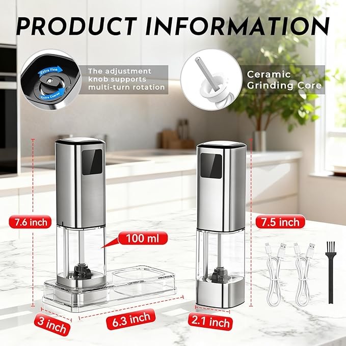 Upgraded Larger Capacity Electric Salt and Pepper Grinder Set Rechargeable with Digital Display, Light & Ceramic Core, Adjustable Coarseness, Stainless Steel Material 2 PACK