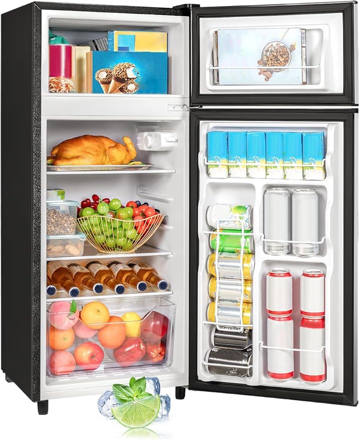 Double Door Refrigerator with Freezer, 4.5 Cu.Ft, Small Fridge with Freezer, 7 Settings Temperature Adjustable, Mini Refrigerator for Office and Apartment Bedroom Dorm(4.5 Cu.Ft, Silver)