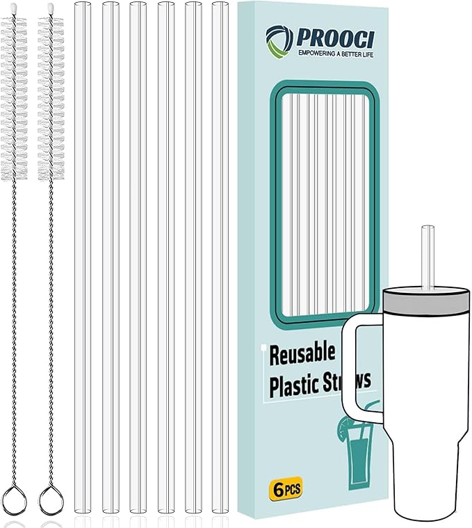 6-Pack 12" Replacement Straws for Stanley & Yeti 30oz-40oz Cup Tumbler, PROOCI Food Grade Tritan Plastic Reusable Straws with 2 Cleaning Brush, Clear Long Straw for Drinking Smoothie, Cocktails, Juice