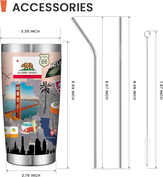 20oz Insulated Tumbler California State Coffee Mug, United States Map Travel Mug Landmark, Travel Souvenirs Birthday Gifts Cute Custom Tumbler Cups with Lid and Straw
