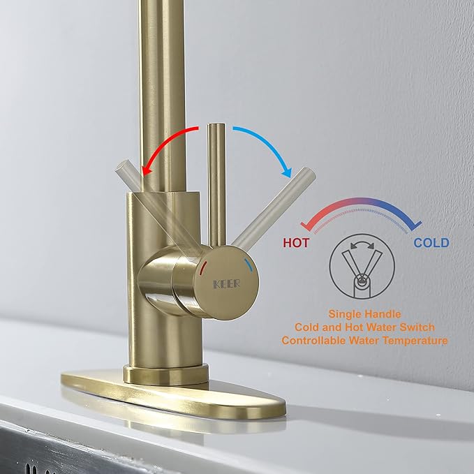 Gold Pull Down Kitchen Faucet with Soap Dispenser - Single Handle High Arc Stainless Steel Faucet
