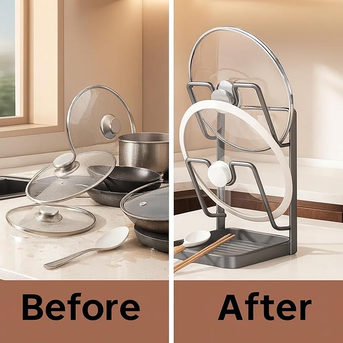 DOTH Kitchen Pot Lid Storage Rack, Stainless Steel Pot Lid Holder While Cooking with Removable Drip Tray, Upright Lid Holder While Cooking for Countertop Organization (Gray - Single Layer)