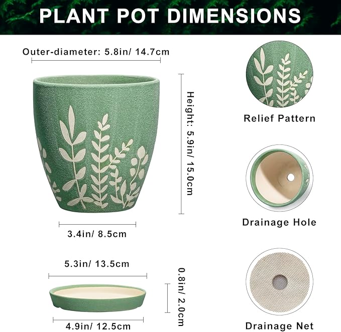6 Inch Ceramic Planter with Saucer - Boho Flower Pot with Drainage for Succulents, Small Indoor Plant Pot, Desk Room Home Office Decor, Housewarming Gift, Green