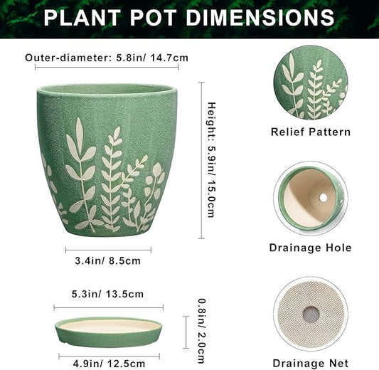 6 Inch Ceramic Planter with Saucer - Boho Flower Pot with Drainage for Succulents, Small Indoor Plant Pot, Desk Room Home Office Decor, Housewarming Gift, Green