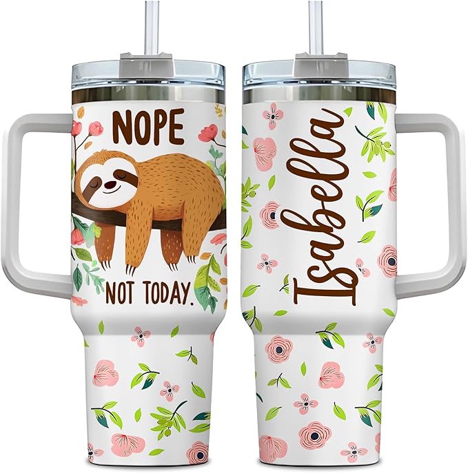 Personalized Sloth 40oz Tumbler with Handle and Straw Gifts for Animal Lovers, Sloth Stuff Gifts for Women Girls Daughters, Birthday Christmas Gift, Custom Name Stainless Steel Travel Cup