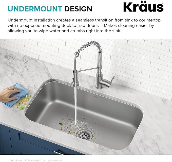 KRAUS Premier 32-inch Undermount Single Bowl 18-Gauge Stainless Steel Kitchen Sink with Bottom Grid and Strainer, KBU44