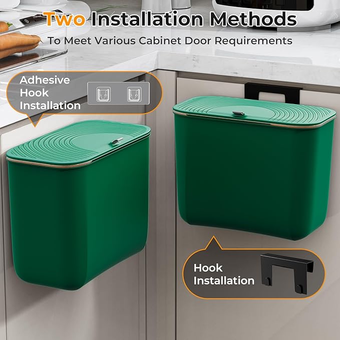 1.9 Gallon Hanging Trash Can - Small Under Sink Trash Can with Lid, Wall Mounted Compost Bin for Kitchen Cupboard Countertop, Odor-Control, Extended Clamping Ring, PET Material, Green