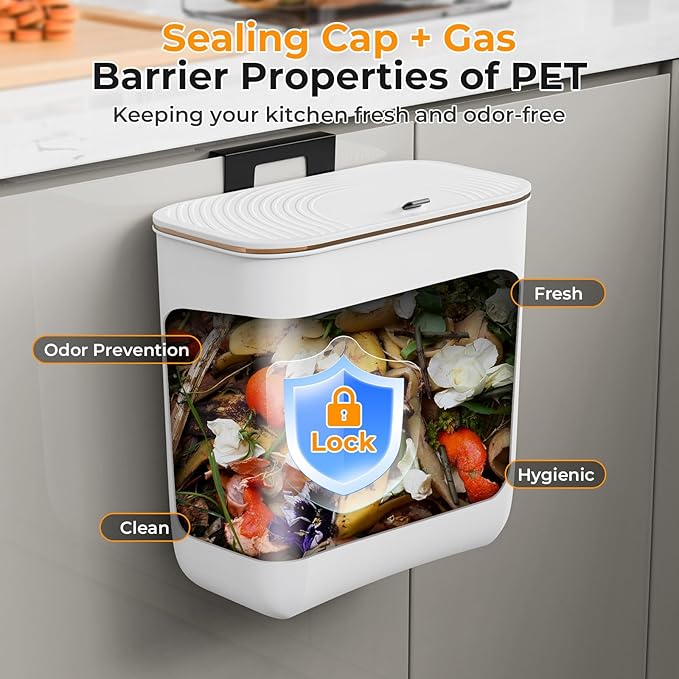 2.4 Gallon Hanging Trash Can - Small Under Sink Trash Can with Lid, Wall Mounted Compost Bin for Kitchen Cupboard Countertop, Odor-Control, Extended Clamping Ring, PET Material, White