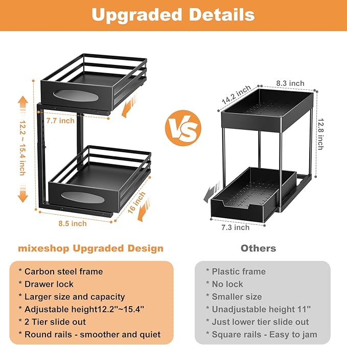 Under Sink Organizer, 2 Tier Under Sink Organizers and Storage, Adjustable Height, Slide Out Metal Cabinet Organizers, Pull Out Cabinet Storage Drawer Shelf for Kitchen Bathroom