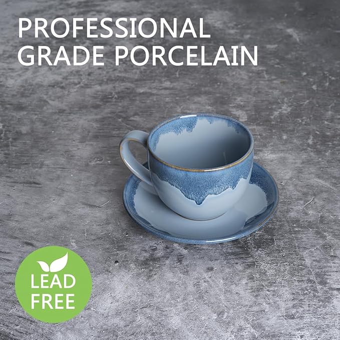 Bosmarlin Ceramic Cappuccino Cup and Saucer Set of 2, 10 Oz, Coffee Cups for Latte, Espresso, Tea, Dishwasher and Microwave Safe, Reavtive Glaze (Blue)