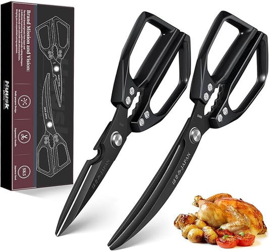 HUUSK Kitchen Scissors Set Black - Stainless Steel Kitchen Shears, Sharp Meat Scissors Dishwasher Safe, Heavy Duty Poultry Shears All Purpose, Japanese Cooking Scissor for Food,Christmas Gifts for Men