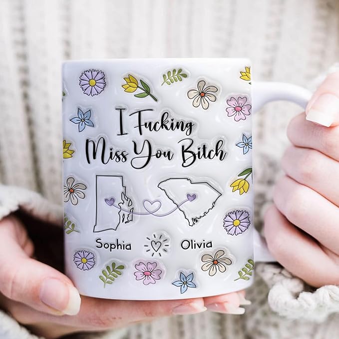 Personalized Long Distance Mug, Custom State To State Funny Mug With Name, Floral Decorations Mugs, Funny Mug Gifts For Sister Friends Couples, Gifts For Mommy Daddy From Son Daughter