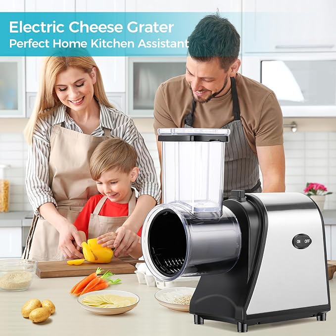 Electric Cheese Grater, 5-in-1 Vegetable Slicer & Salad Maker with Stainless Steel Blades, 250W One-Touch Electric Cheese Shredder for Block Cheese, Vegetables, Fruits and Nuts