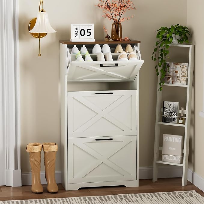 Shoe Cabinet for Entryway with 3 Flip Drawers, 3 Tier Freestanding, Slim Narrow Shoe Organizer Cabinet for Entryway, Hallway, Living Room White