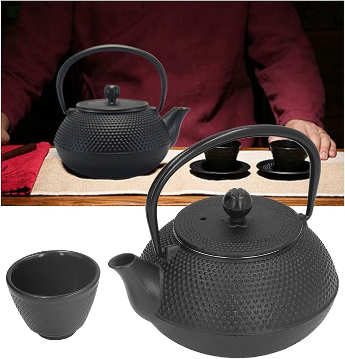 Alvinlite Cast Iron Teapot Set, Japanese Tetsubin Tea Kettle Set with Stainless Steel Infuser for Leaf Loose Tea and Blooming Flower Tea Cast Iron Tea Kettle (Black 800ml / 27oz)