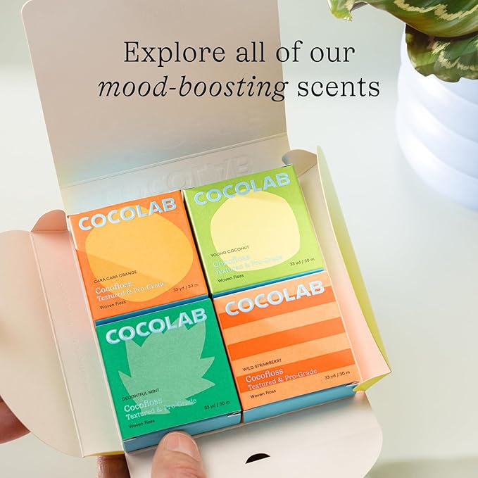 Cocolab Woven Dental Floss, Dentist-Designed Oral Care, Coconut Scent, Waxed, Expanding, Kid-Friendly String Floss with Coconut Oil, 4 Spools (33 yd Each)