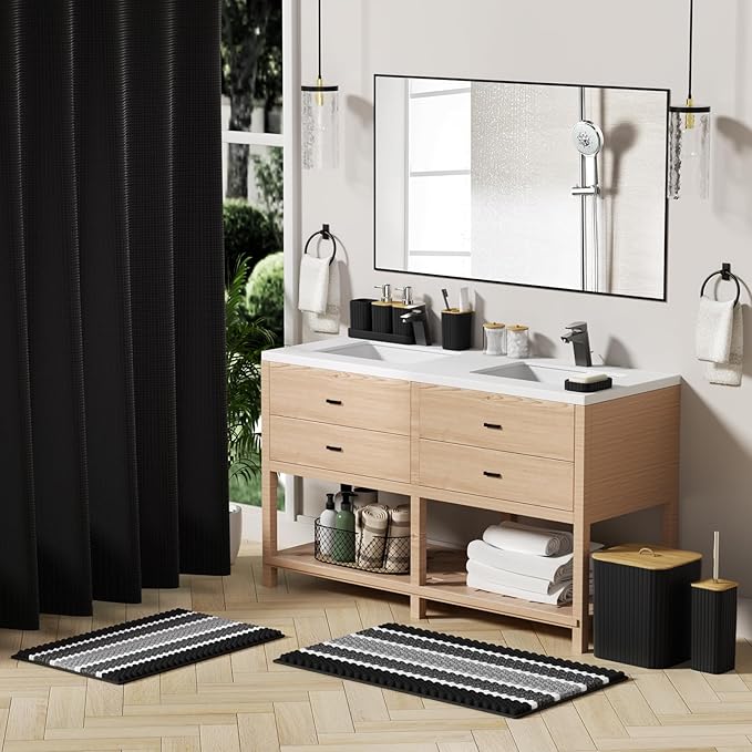 Bathroom Accessory Set - 25PC Bathroom Sets with Shower Curtain and Rugs, Black Bathroom Set, Bathroom Accessories Set, Shower Curtain Sets with Rugs, Bathroom Trash Can & Soap Dispenser