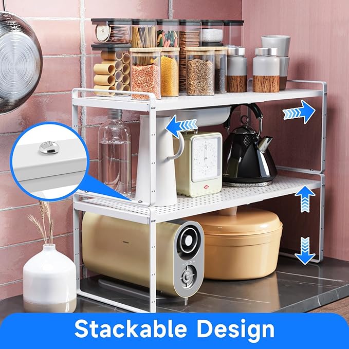 Expandable Cabinet Shelf Organizers, Kitchen Small Stand Rack Organization for Countertop Cupborad Pantry, White 2 Pack