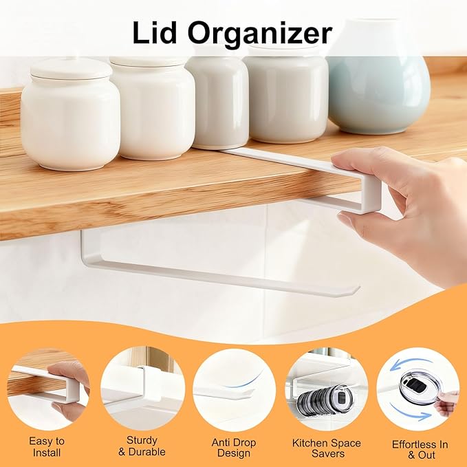 Tumbler Lid Organizer Rack for Cabinet, No-Drill Holder Holds 10 Lids for Stanley Yeti Ozark Trail - Space Saving & Anti-Drop Under Cabinet Storage, Adjustable Rustproof Metal Organizer