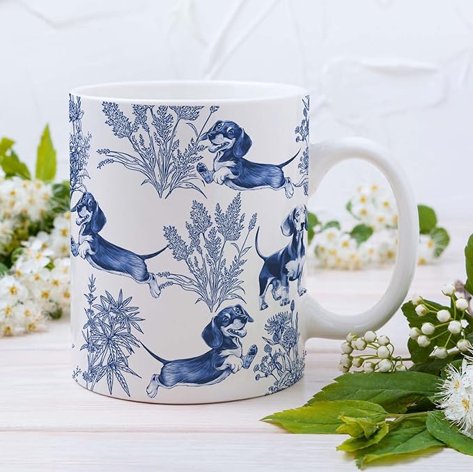 Dachshund Blue French Toile Coffee Mug, Dachshund Lover Gifts for Women, Blue Toile Coffee Cup for Weiner Mom, Dog Lovers Tea Coffee Mug Birthday Gifts for Sausage Dog Owners, 11 oz