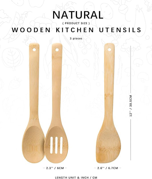 Wooden Spoons for Cooking, 3PCS Wooden Utensil Set Includes Slotted Spoon, Wooden Spoon & Wooden Spatula, Bamboo Cooking Utensils for Non-Stick Pans, Natural Bamboo Utensils