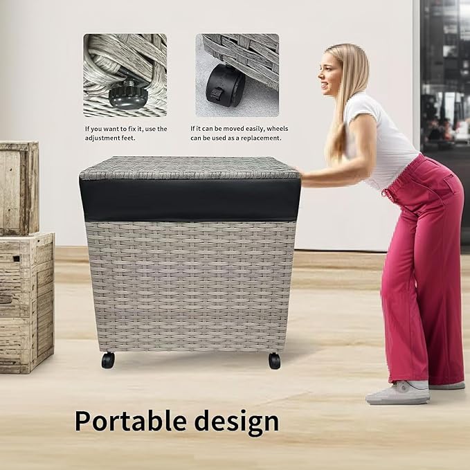Laundry Hamper Wicker With Lid and Wheels, Collapsible Rattan Clothes Hamper 29 Gal (110 L) Removable Linerdouble Laundry Basket Handwoven for Clothes Storage in Bedroom(Gray)