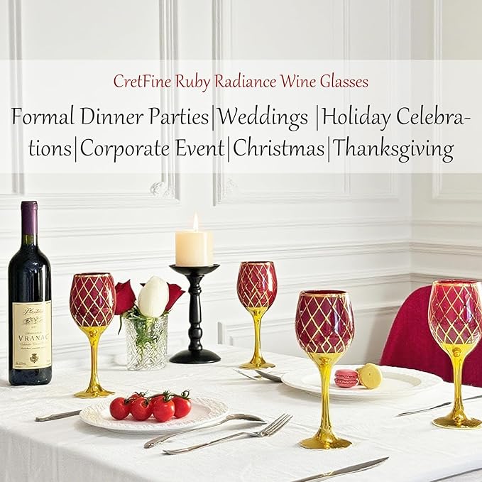Red and Gold Wine Glasses Set of 6, Colored Stemmed and Rimmed Decorative Fancy Drinking Glass, for Gifts, Wedding, Thanksgiving, Birthday, Christmas Goblets Glassware Drinkware, 12oz